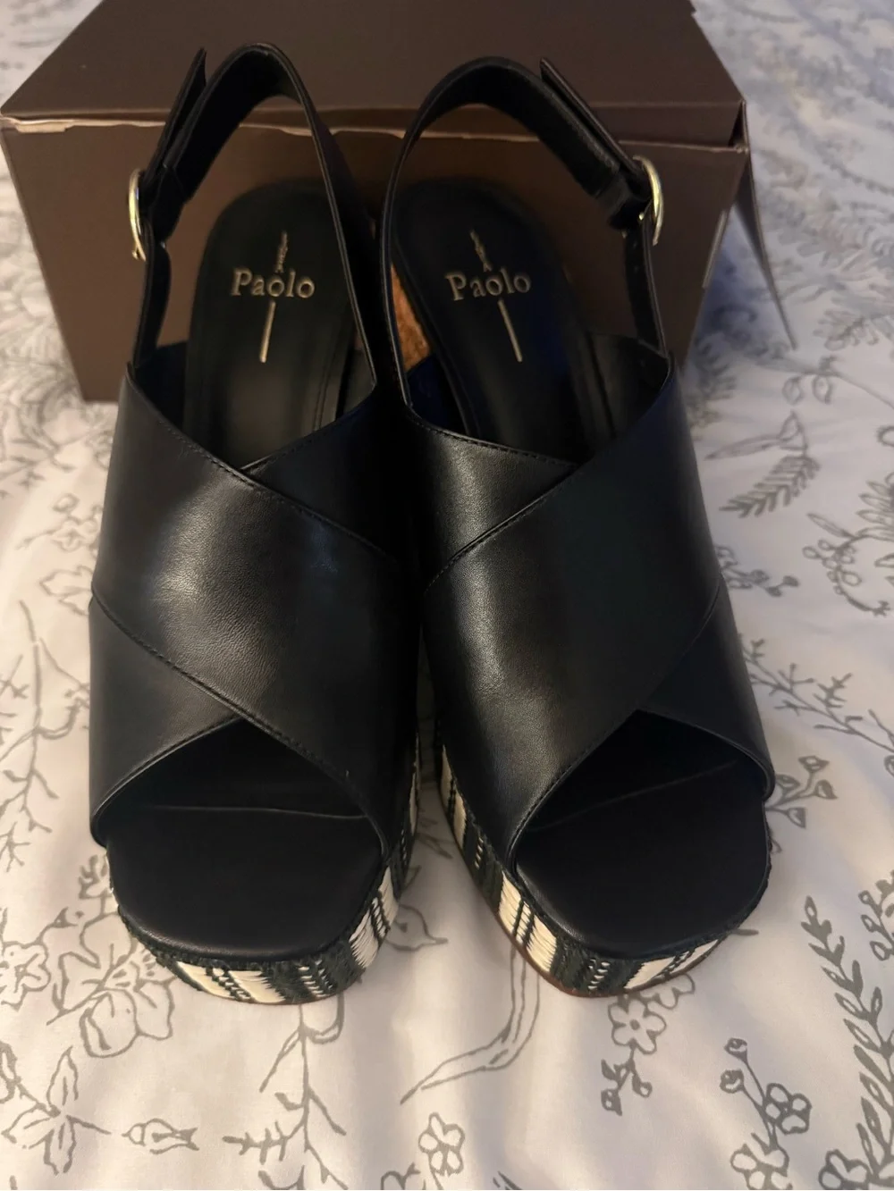 Paolo Black Cross‑Strap Platform Sandals with Braided Espadrille Sole